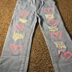 SHEIN Light Blue Jeans with Pink Heart Details